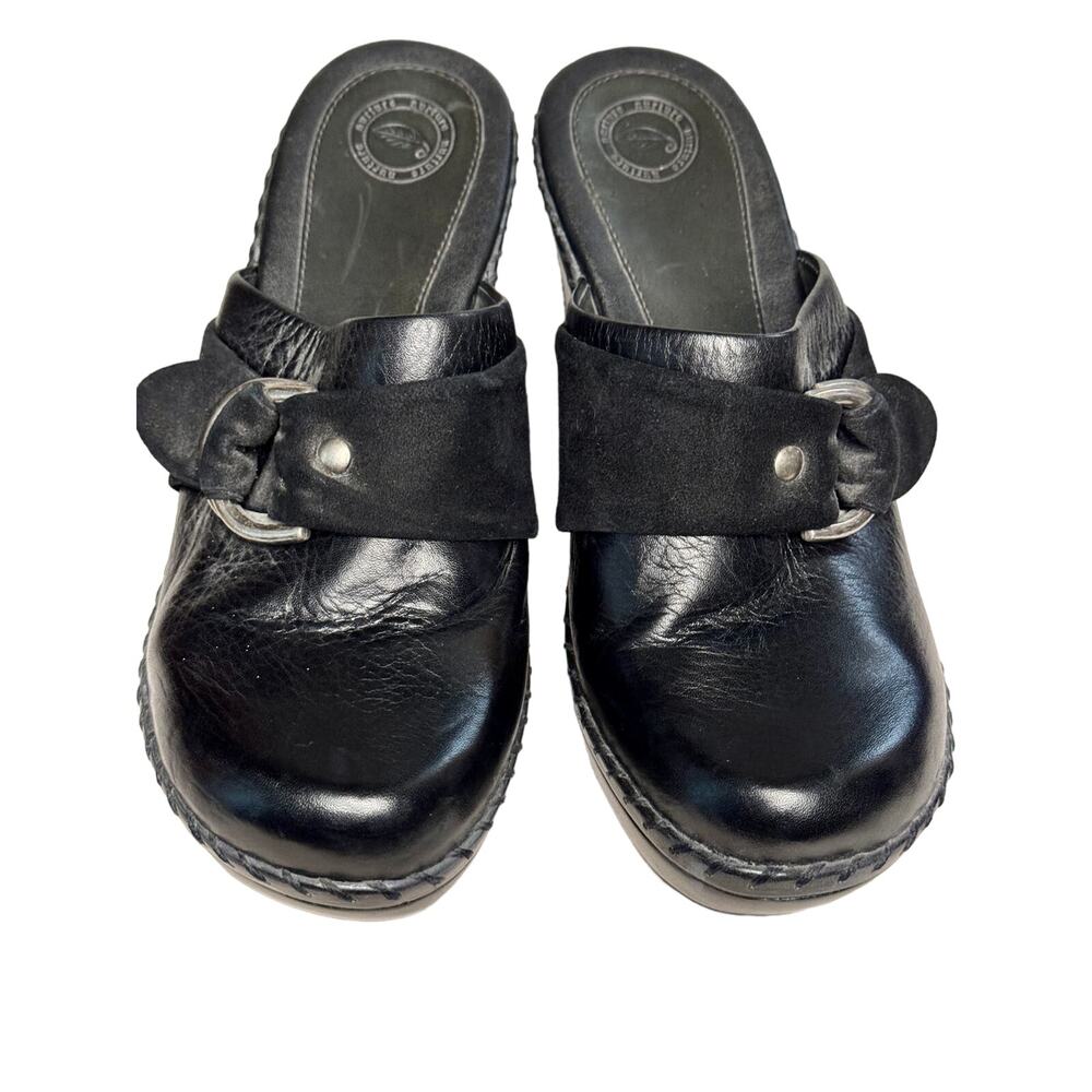 Women's Black Leather Wrapped Heels Slip On Mules Clogs